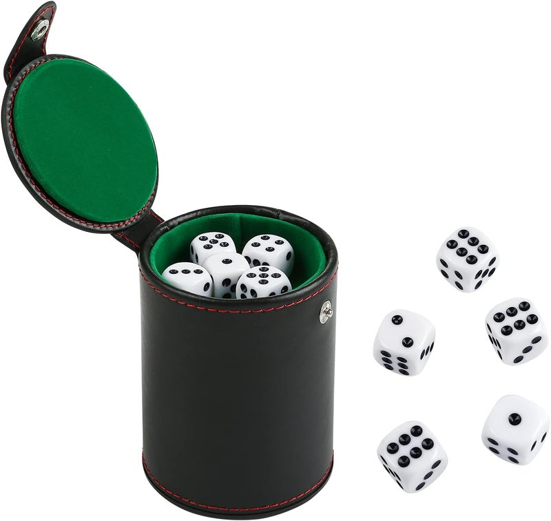 GWHOLE Leather Dice Cup Set with Storage Compartment Felt Lining Shaker with 5 Dot Dices for Farkle Yahtzee Games Playing Birthday Gift, Green - Image 1